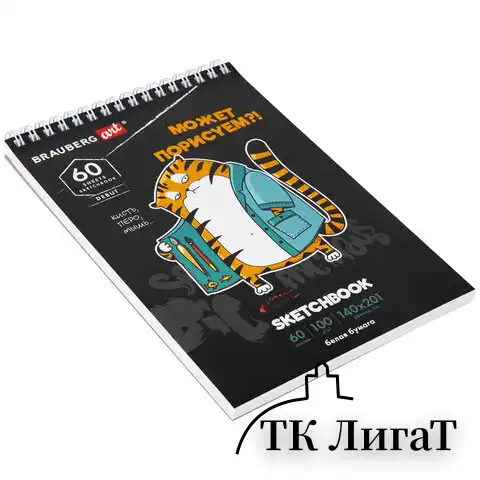 Скетчбук, белая бумага 100 г/м2, 140х201 мм, 60 л., гребень, подложка, BRAUBERG ART, "Порисуем", 115063