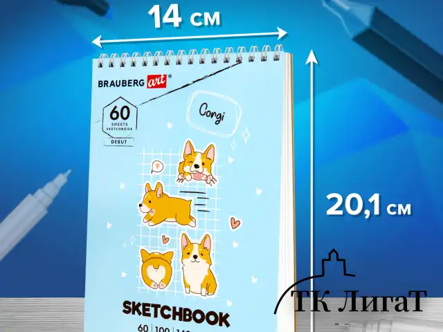 Скетчбук, белая бумага 100 г/м2, 140х201 мм, 60 л., гребень, жёсткая подложка, BRAUBERG ART, "Корги", 115064