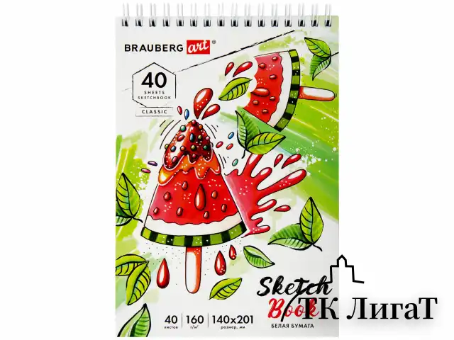 Скетчбук, белая бумага 160 г/м2, 140х201 мм, 40 л., гребень, подложка, BRAUBERG ART, "Микс", 115071