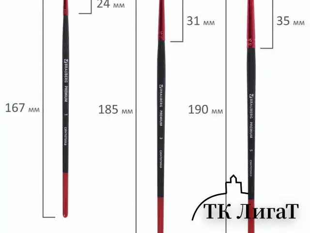Кисти BRAUBERG PREMIUM, набор 5 шт. (синтетика, круглая № 1, 3, 5, плоская № 5, 8), блистер, 201024