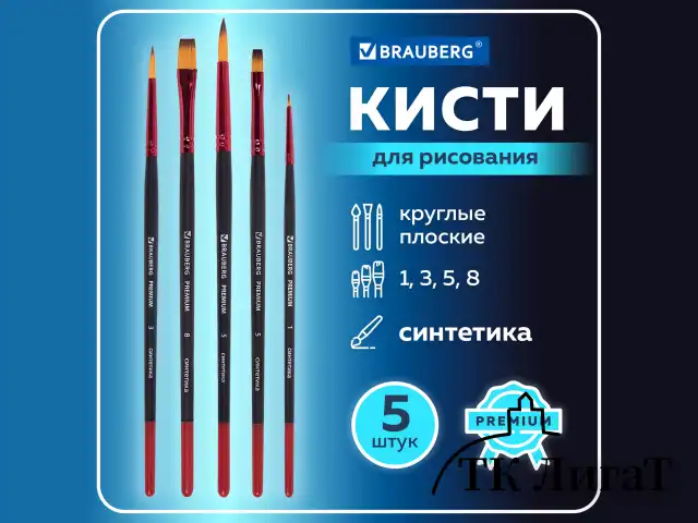 Кисти BRAUBERG PREMIUM, набор 5 шт. (синтетика, круглая № 1, 3, 5, плоская № 5, 8), блистер, 201024