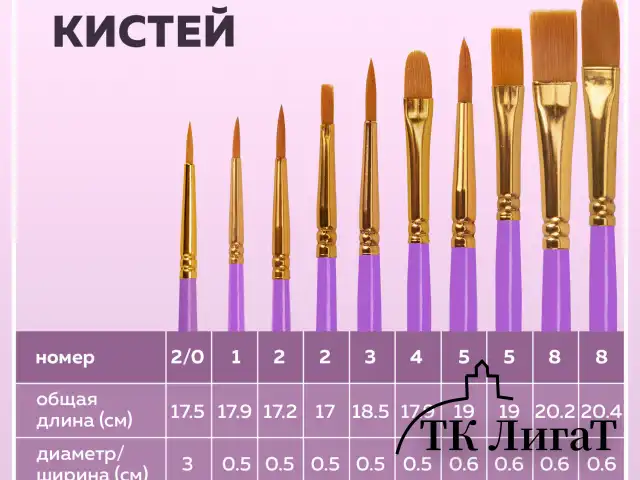 Кисти синтетика BRAUBERG, НАБОР 10 шт., фиолетовые (Круглые; Овальные; Плоские; Лайнеры), 201029