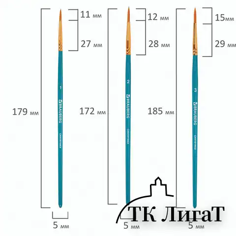 Кисти синтетика BRAUBERG, НАБОР 10 шт., синие (Круглые; Овальные; Плоские; Лайнеры), 201030