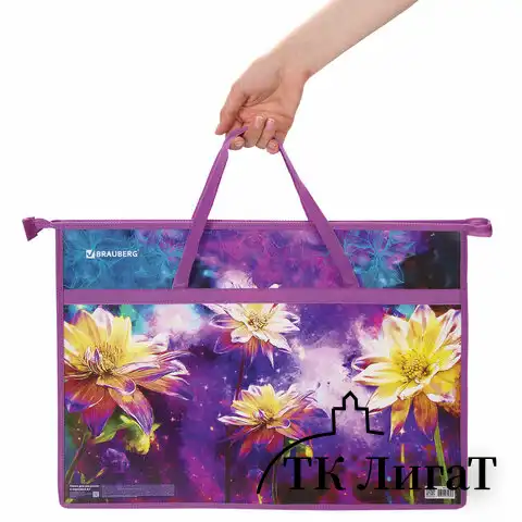 Папка для рисунков и чертежей с ручками BRAUBERG А3, пластик, молния сверху, "Flowers", 270146