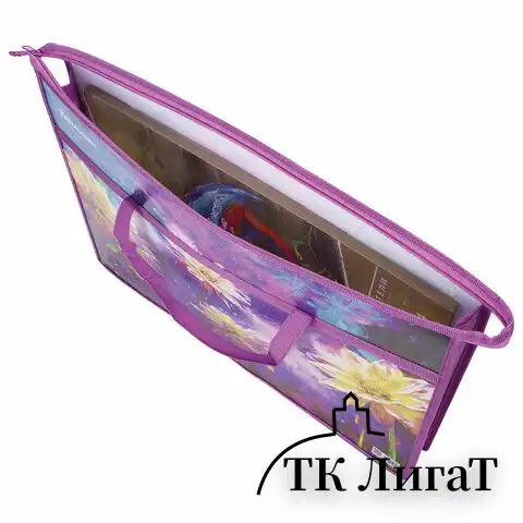 Папка для рисунков и чертежей с ручками BRAUBERG А3, пластик, молния сверху, "Flowers", 270146