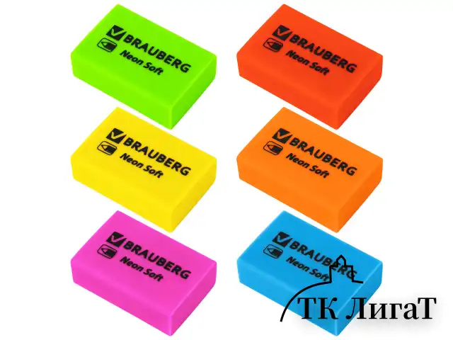 Ластики BRAUBERG NEON SOFT НАБОР 12 штук, размер ластика 31х20х10 мм, экологичный ПВХ, 271339