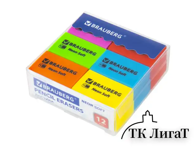 Ластики BRAUBERG NEON SOFT НАБОР 12 штук, размер ластика 31х20х10 мм, экологичный ПВХ, 271339