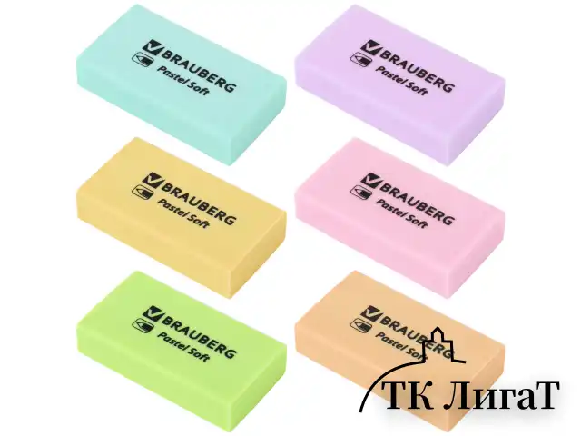 Ластики BRAUBERG PASTEL SOFT НАБОР 6 шт., размер ластика 45х25х10 мм, экологичный ПВХ, 271340