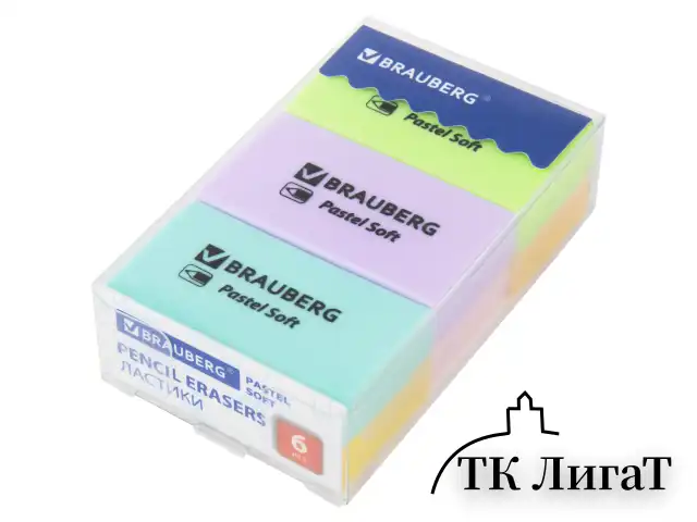 Ластики BRAUBERG PASTEL SOFT НАБОР 6 шт., размер ластика 45х25х10 мм, экологичный ПВХ, 271340