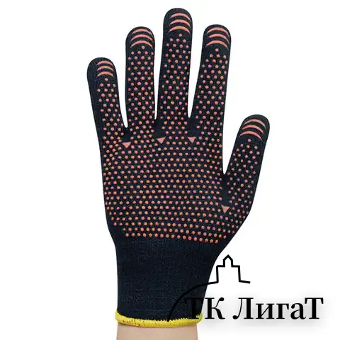 Перчатки хлопок + полиэфир УТЕПЛЕННЫЕ МАХРА, 1 пара, 10 класс, 77-80 г, размер 9, ПВХ ТОЧКА, утепленные с начесом внутри, СВС, 7.723 чер/оранж