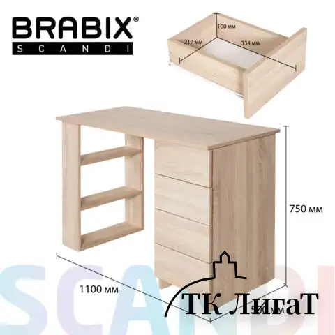 Стол письменный/компьютерный BRABIX "Scandi CD-016", 1100х500х750 мм, 4 ящика, дуб сонома, 641892, ЦБ013707-2