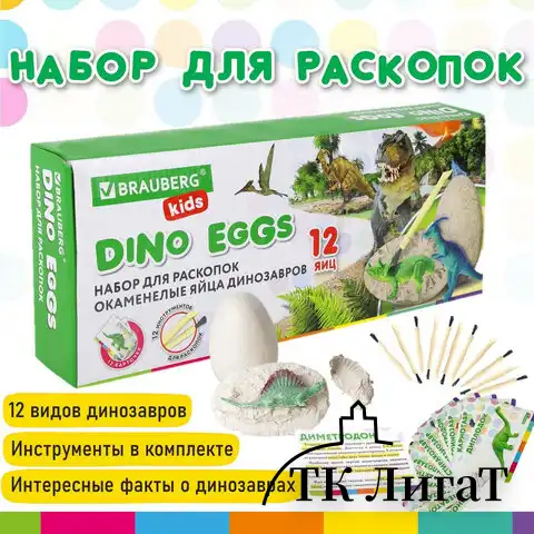 Набор для раскопок 12 видов динозавров, карточки, инструменты, развивающий, BRAUBERG KIDS, 664923
