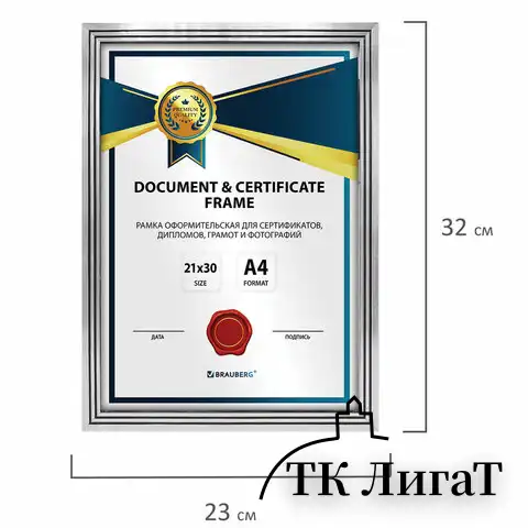 Рамка 21х30 см небьющаяся, багет 15 мм пластик, BRAUBERG "Respect", серебристая, 391271