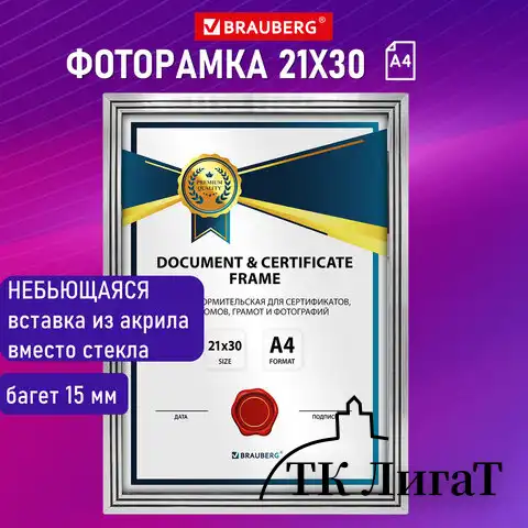 Рамка 21х30 см небьющаяся, багет 15 мм пластик, BRAUBERG "Respect", серебристая, 391271