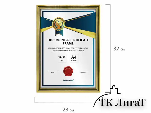 Рамка 21х30 см небьющаяся, багет 15 мм пластик, BRAUBERG "Respect", золотистая, 391272
