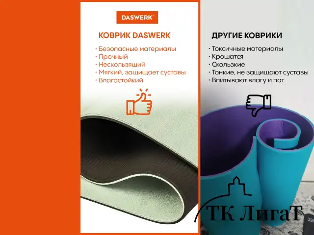 Коврик для йоги и фитнеса спортивный двухцветный, ТПЭ, 183x61x0,6 см, светло-зеленый/чёрный, DASWERK, 680031