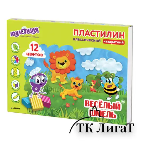 Пластилин классический ЮНЛАНДИЯ "ВЕСЁЛЫЙ ШМЕЛЬ", 12 цветов, 204 г, СО СТЕКОМ, КВАДРАТНЫЙ, 104823