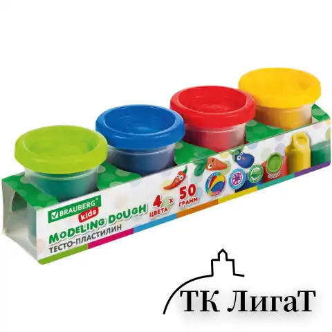 Пластилин-тесто для лепки BRAUBERG KIDS, 4 цвета, 200 г, яркие классические цвета, крышки-штампики, 106714