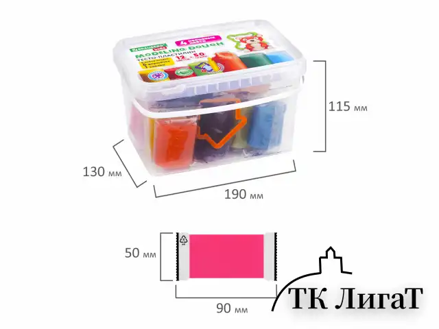 Пластилин-тесто для лепки BRAUBERG KIDS, 12 цветов., 600 г, 6 формочек, 1 скалка, ведерко, 106721