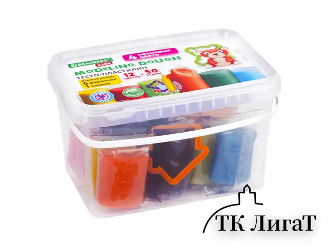 Пластилин-тесто для лепки BRAUBERG KIDS, 12 цветов., 600 г, 6 формочек, 1 скалка, ведерко, 106721