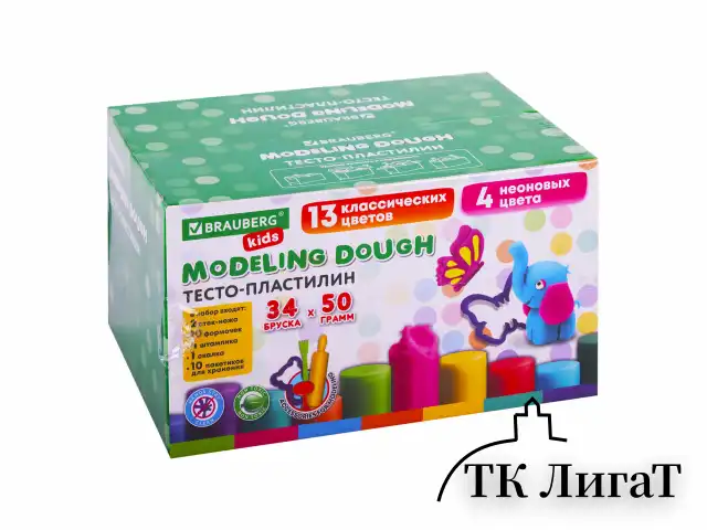 Пластилин-тесто для лепки BRAUBERG KIDS, 34 шт., 1700 г, 2 стека, 10 формочек, 4 штампика, 1 скалка, 10 пакетиков для хранения, 106723