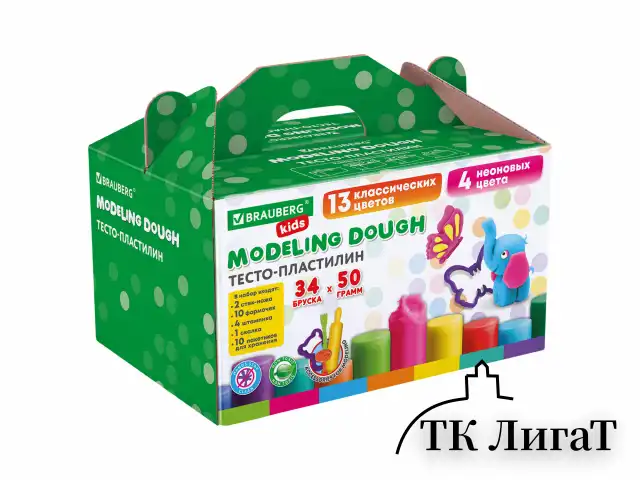 Пластилин-тесто для лепки BRAUBERG KIDS, 34 шт., 1700 г, 2 стека, 10 формочек, 4 штампика, 1 скалка, 10 пакетиков для хранения, 106723