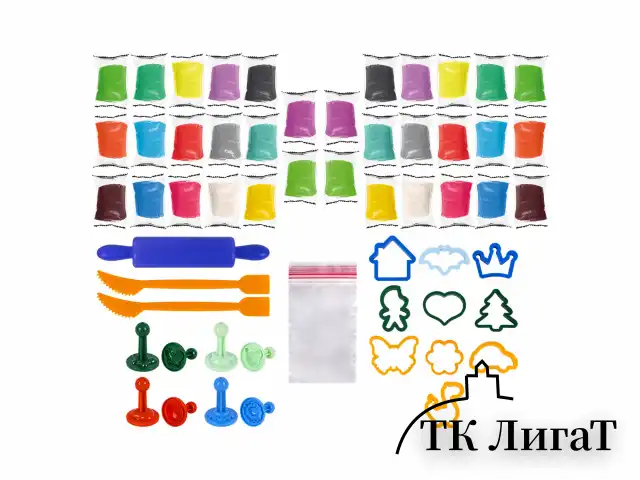 Пластилин-тесто для лепки BRAUBERG KIDS, 34 шт., 1700 г, 2 стека, 10 формочек, 4 штампика, 1 скалка, 10 пакетиков для хранения, 106723