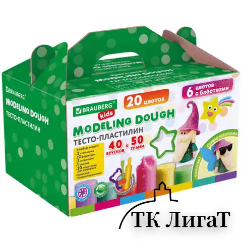 Пластилин-тесто для лепки BRAUBERG KIDS, 40 шт., 2000 г, 12 формочек, 2 стека, 2 штампика, 1 скалка, 20 пакетиков для хранения, 106724