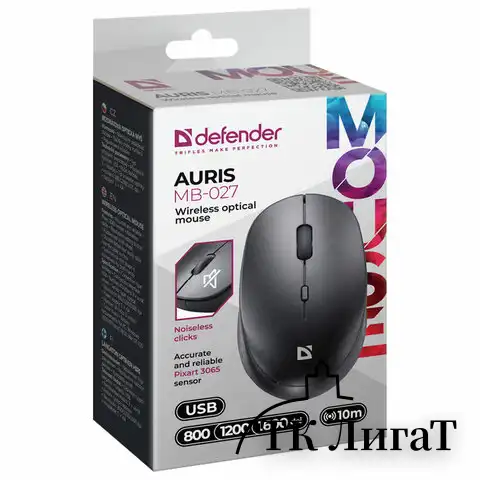 Мышь беспроводная DEFENDER Auris MB-027, USB, 3 кнопки+1 колесо-кнопка, оптическая, ч, 52027