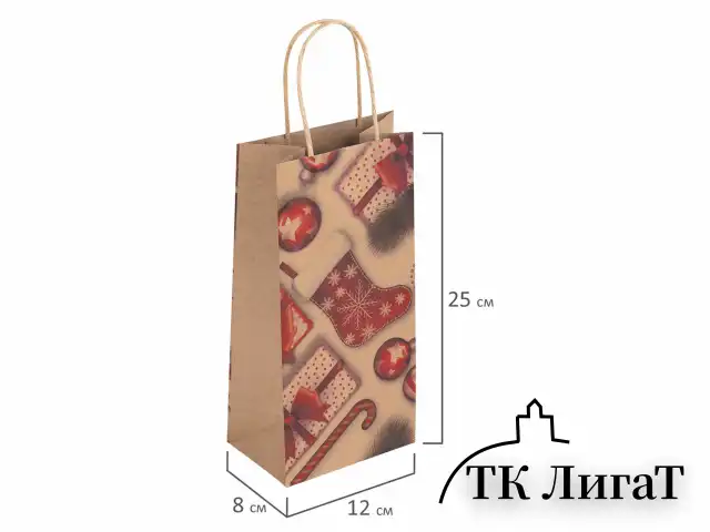 Пакет подарочный КОМПЛЕКТ 10 штук 12x8x25см, "Christmas Kraft", ЗОЛОТАЯ СКАЗКА, 591965