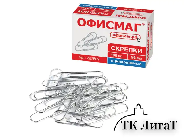 Скрепки ОФИСМАГ, 28 мм, оцинкованные, 100 шт., в картонной коробке, 227582