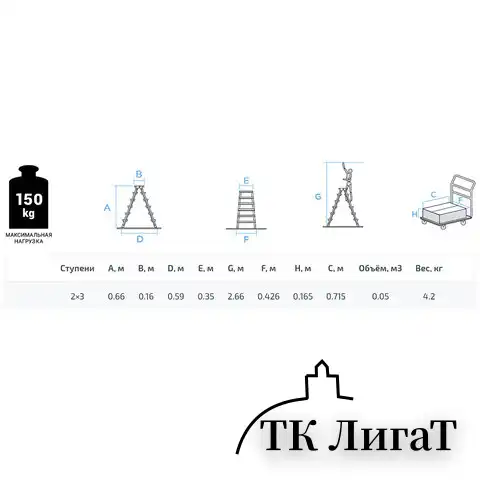 Стремянка стальная двухсторонняя 2х3 ступени, высота площадки 0,66м, алюминиевая площадка 35*16см, до 150кг, вес 4,2кг НОВАЯ ВЫСОТА, 1160203