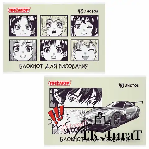Блокнот д/рис. А4 40л., скоба, обложка офсет, ПИФАГОР, 205х290мм, Аниме (2 вида), 115247