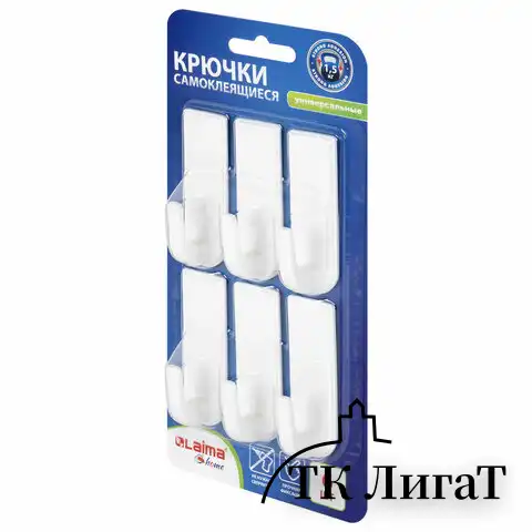 Крючки самоклеящиеся универсальные 6,6х2,1 см, КОМПЛЕКТ 6 шт., белые, LAIMA Home, 608793