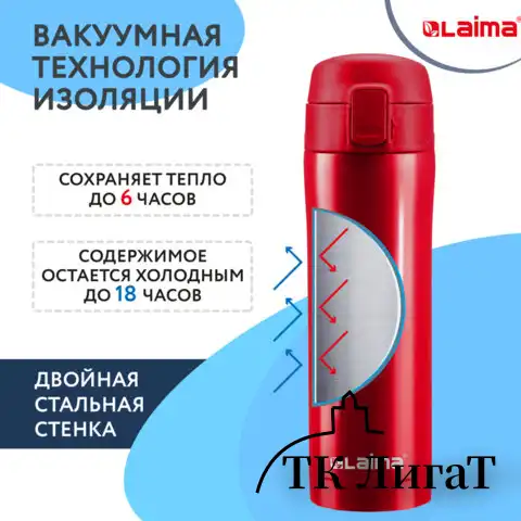 Термокружка с двойной стальной стенкой 470 мл, цвет взрывной тёмно-красный металлик, LAIMA, 608822