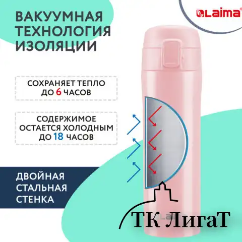 Термокружка с двойной стальной стенкой 470 мл, цвет нежно-розовый бархат матовый, LAIMA, 608824