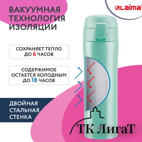 Термокружка с двойной стальной стенкой 470 мл, цвет сочно-мятный матовый, LAIMA, 608826