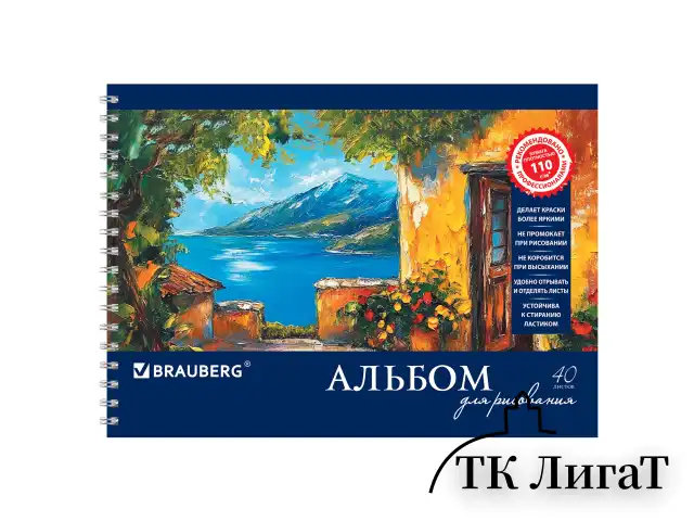 Альбом для рисования, А4, 40 листов, гребень, обложка картон, BRAUBERG, 205х290 мм, "Пейзаж с цветами" (2 вида), 103730