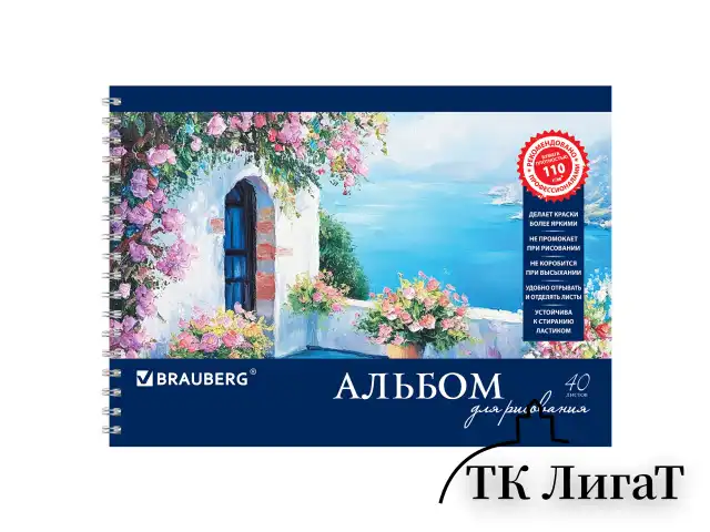Альбом для рисования, А4, 40 листов, гребень, обложка картон, BRAUBERG, 205х290 мм, "Пейзаж с цветами" (2 вида), 103730