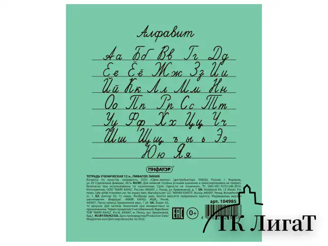 Тетрадь ЗЕЛЁНАЯ обложка 12 л., линия с полями, офсет №2 ЭКОНОМ, "ПИФАГОР", 104985