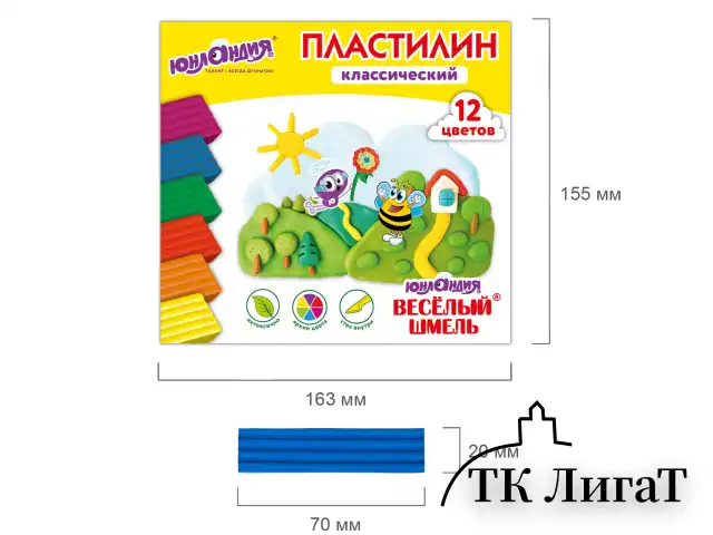 Пластилин классический ЮНЛАНДИЯ "ВЕСЁЛЫЙ ШМЕЛЬ", 12 цветов, 240 грамм, стек, ВЫСШЕЕ КАЧЕСТВО, 106431