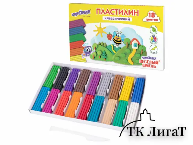 Пластилин классический ЮНЛАНДИЯ "ВЕСЁЛЫЙ ШМЕЛЬ", 18 цветов, 360 грамм, стек, ВЫСШЕЕ КАЧЕСТВО, 106432