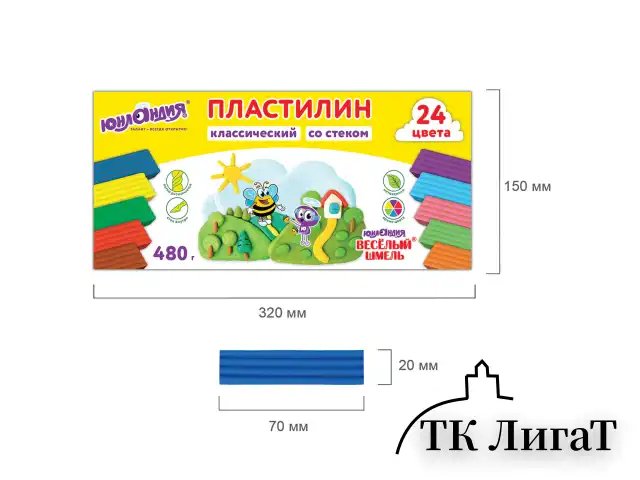 Пластилин классический ЮНЛАНДИЯ "ВЕСЁЛЫЙ ШМЕЛЬ", 24 цвета, 480 грамм, стек, ВЫСШЕЕ КАЧЕСТВО, 106433