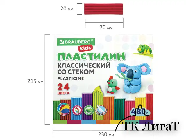 Пластилин классический BRAUBERG KIDS, 24 цвета, 480 грамм, стек, ВЫСШЕЕ КАЧЕСТВО, 106437