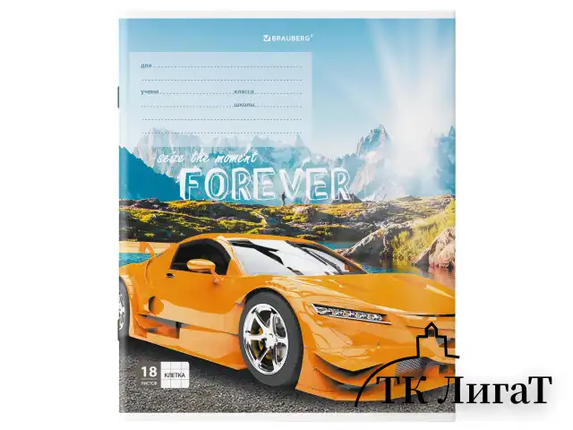 Тетрадь 18 л. BRAUBERG клетка, обложка картон, "SPORTS CAR", 106479