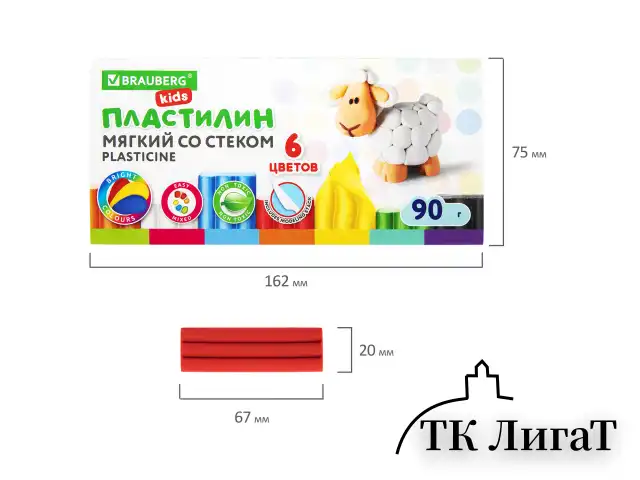 Пластилин мягкий восковой BRAUBERG KIDS, 6 цветов, 90 г, со стеком, 106493