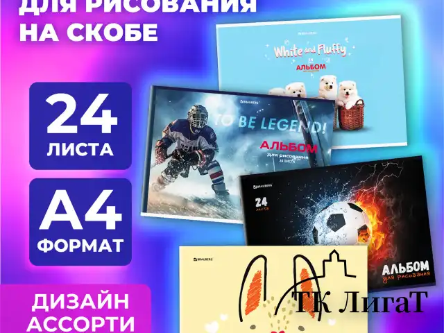 Альбом для рисования А4, 24 листа, скоба, обложка картон, BRAUBERG, 203х288 мм, "МИКС-1", 107106