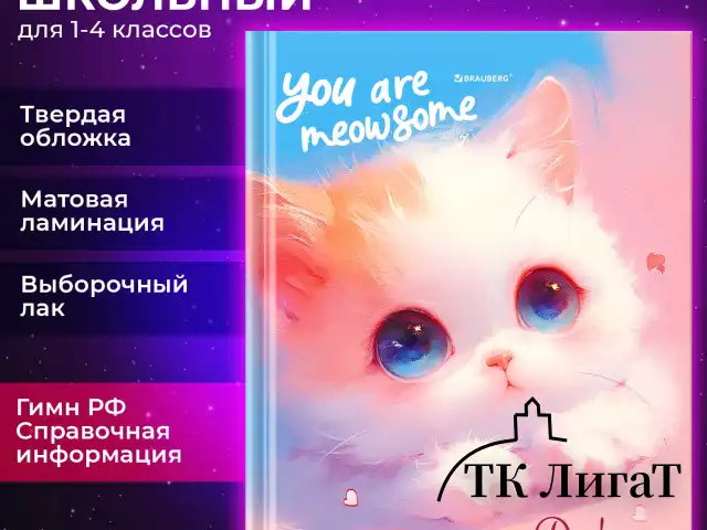 Дневник 1-4 класс 48 л., твердый, BRAUBERG, выборочный лак, с подсказом, "Котик", 107161