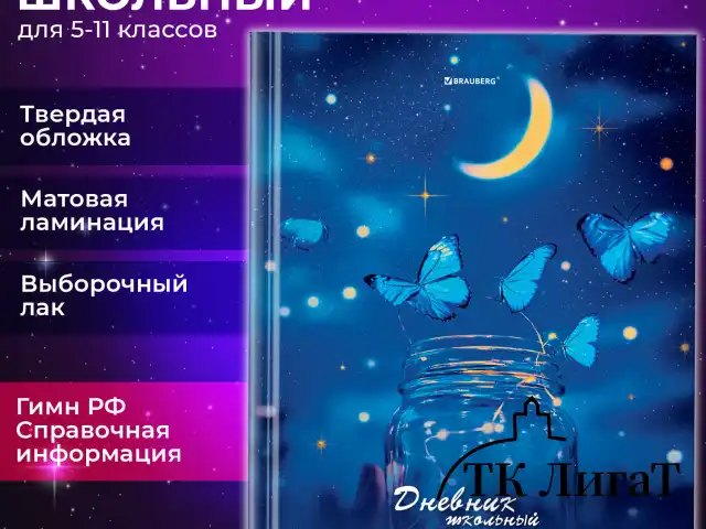 Дневник 5-11 класс 48 л., твердый, BRAUBERG, выборочный лак, с подсказом, "Бабочки", 107198