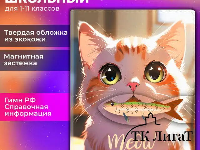 Дневник 1-11 класс 48 л., кожзам (твердая), застежка, BRAUBERG, "Котик с рыбкой", 107229